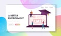 Online Education, Learning Management System Landing Page Template. Tiny Characters at Huge Laptop LMS Graphs