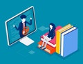 Online education and learning research. Isometric college research concept