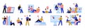 Online education learning set of isolated icons and characters of teachers and tutors with computer images vector