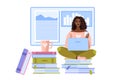 Online education and library vector concept with black young student learning in internet with laptop.