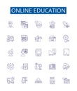 Online education line icons signs set. Design collection of eLearning, Remote, Distance, Teaching, Studying, Webinars