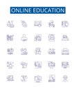 Online education line icons signs set. Design collection of eLearning, Remote, Distance, Teaching, Studying, Webinars
