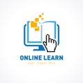 Online education logo template, learning concept, open book with pixels click cursor