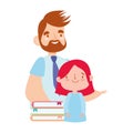 Online education male teacher and little student girl and books