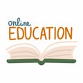 Online education. open book, e-learning, internet tutorial and webinar, knowledge and education concept. Colorful cartoon doodle Royalty Free Stock Photo