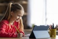 Online Education. Portrait of cute little girl using digital tablet at home Royalty Free Stock Photo