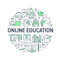 Online Education poster with line icons. Vector circle illustration for brochure included icon as student, computer