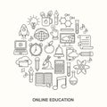 Online education round shape pattern with linear icons. E-learning, online course, webinar, e-book, video conference, home studyin