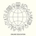Online education round shape pattern with linear icons. E-learning, online course, webinar, e-book, video conference, home studyin