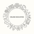 Online education round shape pattern with linear icons. E-learning, online course, webinar, e-book, video conference, home studyin