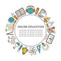 Online education round shape pattern with linear icons. E-learning, online course, webinar, e-book, video conference, home studyin