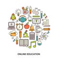 Online education round shape pattern with linear icons. E-learning, online course, webinar, e-book, video conference, home studyin