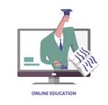 Online education. Scholar in hat pointing at book from computer monitor. Distance teaching. Concept vector illustration