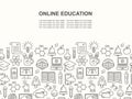 Online education seamless pattern with linear icons. E-learning, online course, webinar, e-book, video conference, home studying.