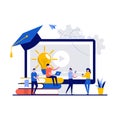 Online education service concept with tiny character. People study, holding mobile devices for training flat vector illustration. Royalty Free Stock Photo