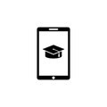 Online Education, Smartphone with Graduation Cap. Flat Vector Icon illustration. Simple black symbol on white background. Mobile Royalty Free Stock Photo