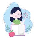 Online education, student girl science book and apple, website and mobile training courses