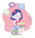 Online education, student girl sitting with books knowledge, website and mobile training courses