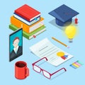 Online education and study. Vector 3d isometric icons of smartphone, books and diploma. Web learning and training