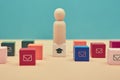 Online education system. Distance learning, homework. E-learning. Teacher figure on cube with cap sign, message symbols