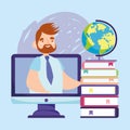 Online education teacher video computer stack books and school globe Royalty Free Stock Photo