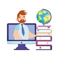 Online education teacher video computer stack books and school globe Royalty Free Stock Photo