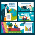 Online education technology set, flat banner concept vector illustration. Business and science training at web school