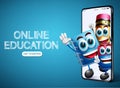 Online education vector banner design. Online education text with avatar characters like pencil, notebook and eraser in smartphone