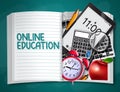 Online education vector design. Online education text with tablet, keyboard, notebook and calculator e-learning elements.