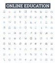 Online Education vector line icons set. Elearning, Distance, Courses, Webinars, Virtual, Tutorials, Classes illustration