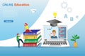 Online education, video tutorials on computer with studens help to climb on books for graduation purpose Royalty Free Stock Photo