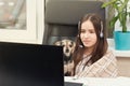 Online education. Webinar. A student at home is engaged in training, holds a dog in her arms, listens attentively and watches a