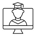 Online educationa thin line icon. Student on monitor vector illustration isolated on white. E-learning outline style Royalty Free Stock Photo