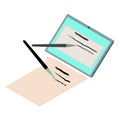 Online election icon isometric vector. Text on tablet screen near sheet with pen