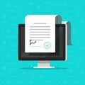 Online electronic documents on computer display vector illustration, flat paper document and signature on desktop pc Royalty Free Stock Photo