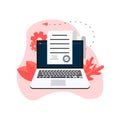 Online electronic smart contract document on laptop, paper document, signature on computer screen. vector illustration.