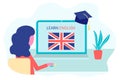 Online English Learning, distance education concept. Language training and courses. Woman student studies foreign languages on a Royalty Free Stock Photo