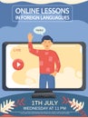 English class with native speaker saying hallo. Online lesson in foreign languages concept poster Royalty Free Stock Photo