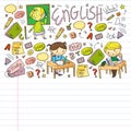 Online english school for children. Learn language. Education vector illustration. Kids drawing doodle style image.