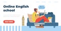 Online English school website with male character, flat vector illustration.