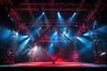 Online event entertainment concept. Background for concert. Blue and red stage spotlights. Empty stage with blue Royalty Free Stock Photo