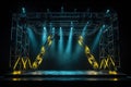 Online event entertainment concept. Background for concert. Blue stage spotlights. Empty stage with blue spotlights. Royalty Free Stock Photo