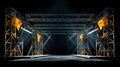 Online event entertainment concept. Background for concert. Grey yellow stage spotlights. Empty stage with blue Royalty Free Stock Photo