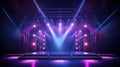 Online event entertainment concept. Background for concert. Purple stage spotlights. Empty stage with blue spotlights. Royalty Free Stock Photo