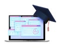 Online exam, internet vector test education illustration, laptop screen, graduation cap, highest grade.