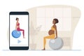 Online Exercises with fitball for pregnant women. Pregnant African American sitting on large gray ball at home. Woman