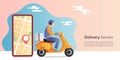 Online express delivery concept. Delivery man riding scooter motorcycle for service with location mobile application. E-commerce
