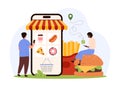 Online express delivery for food, fast and easy to order, tiny people using mobile app