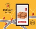 Online express delivery service. Order tracking. Parcel box on phone screen. Buying in web store. Shipping cargo. Vector