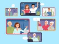 Online family meeting. Virtual call to parents, children and grandparents. Computer communication, happy people talk in